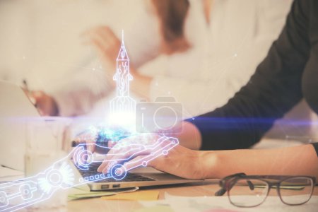 Photo for Double exposure of woman hands typing on computer and creative drawing. Start up concept. - Royalty Free Image