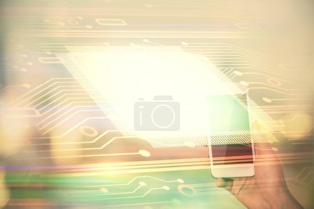 Photo for Double exposure of technology sketch hologram and woman holding and using a mobile device. - Royalty Free Image