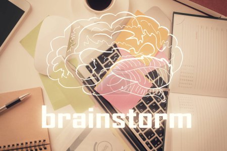 Photo for Start up theme drawing over computer on the desktop background. Top view. Double exposure. Brainstorm concept. - Royalty Free Image