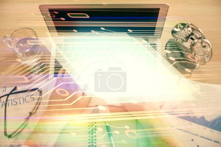 Photo for Double exposure of man's hands typing over computer keyboard and data theme hologram drawing. Top view. Technology concept. - Royalty Free Image
