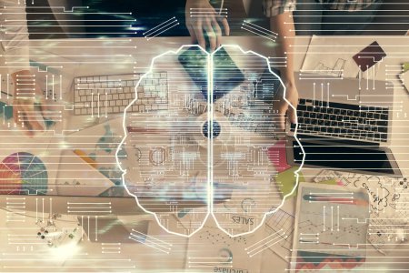 Photo for Double exposure of man and woman working together and brain drawing hologram. Intellectual brainstorming concept. Computer background. - Royalty Free Image