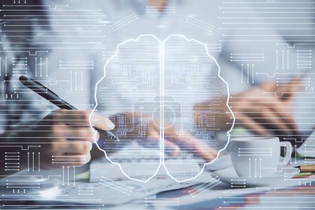 Photo for Double exposure of brain drawing over people taking notes background. Concept of Ai - Royalty Free Image