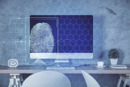 Photo for Double exposure of finger print and office interior background. Concept of security. - Royalty Free Image