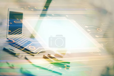 Photo for Double exposure of table with computer on background and data theme drawing. Concept of innovation. - Royalty Free Image