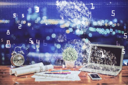 Photo for Computer on desktop in office with technology theme hologram. Double exposure. Tech concept. - Royalty Free Image