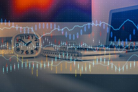 Photo for Financial graph colorful drawing and table with computer on background. Double exposure. Concept of international markets. - Royalty Free Image