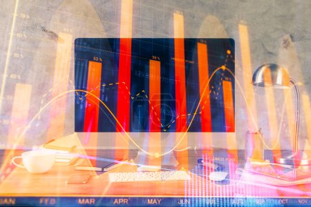 Photo for Financial graph colorful drawing and table with computer on background. Double exposure. Concept of international markets. - Royalty Free Image