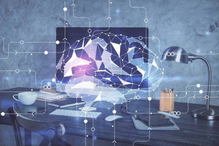 Foto de Doble exposición de la mesa con la computadora y el holograma cerebral. Concepto de innovación
. - Imagen libre de derechos