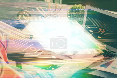 Photo for Double exposure of technology hologram with man working on computer background. Concept of big data. - Royalty Free Image