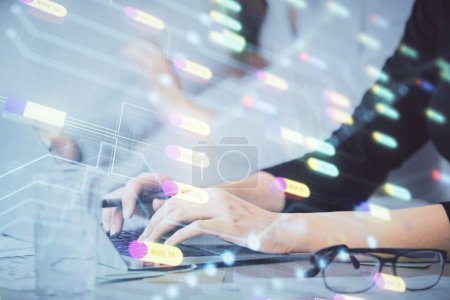 Photo for Multi exposure of woman hands working on computer and data theme hologram drawing. Tech concept. - Royalty Free Image