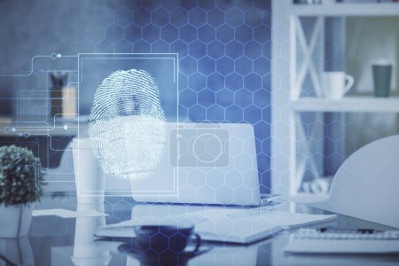 Photo for Double exposure of finger print and office interior background. Concept of security. - Royalty Free Image