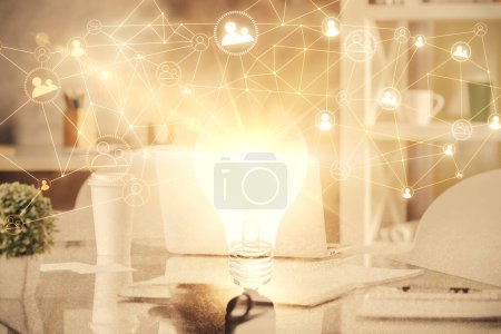 Photo for Double exposure of social network theme drawing and office interior background. Concept of web. - Royalty Free Image