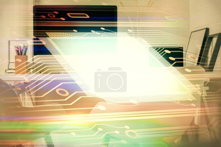 Photo for Double exposure of data theme drawing and office interior background. Concept of technology. - Royalty Free Image