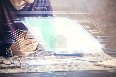 Photo for Multi exposure of man's hand holding and using a digital device and data theme drawing. Innovation concept. - Royalty Free Image