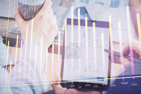 Photo for Double exposure of man's hands holding and using a phone and financial chart drawing. Market analysis concept. - Royalty Free Image