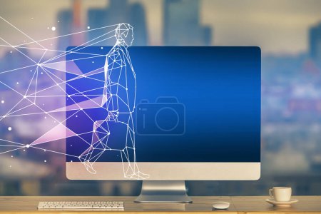 Photo for Desktop computer background in office and start up theme hologram drawing. Double exposure. Startup concept. - Royalty Free Image
