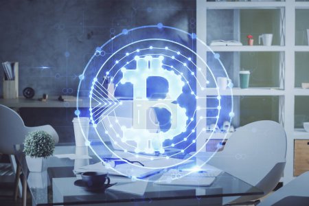 Photo for Double exposure of crypto technology theme drawing and office interior background. Concept of blockchain. - Royalty Free Image