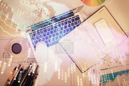 Photo for Multi exposure of forex chart drawing over table background with computer. Concept of financial research and analysis. Top view. - Royalty Free Image