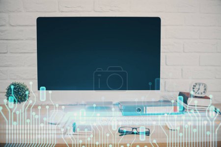 Photo for Double exposure of table with computer on background and data theme hologram. Data technology concept. - Royalty Free Image