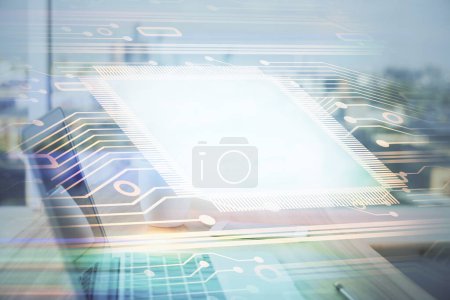 Photo for Double exposure of desktop computer and technology theme hologram. Concept of software development. - Royalty Free Image