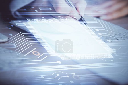 Photo for Double exposure of woman's writing hand on background with data technology hud. Big data concept. - Royalty Free Image