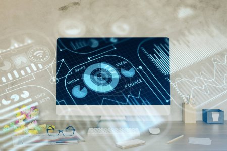 Photo for Computer on desktop in office with technology theme hologram. Double exposure. Tech concept. - Royalty Free Image