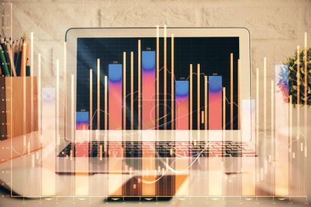Photo for Forex market graph hologram and personal computer on background. Multi exposure. Concept of investment. - Royalty Free Image
