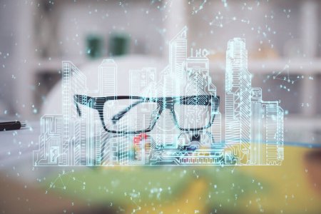 Photo for High tech appartment theme hologram with glasses on the table background. Double exposure. - Royalty Free Image