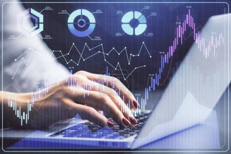 Photo for Double exposure of businesswoman hands typing on computer and forex chart hologram drawing. Financial analysis concept. - Royalty Free Image