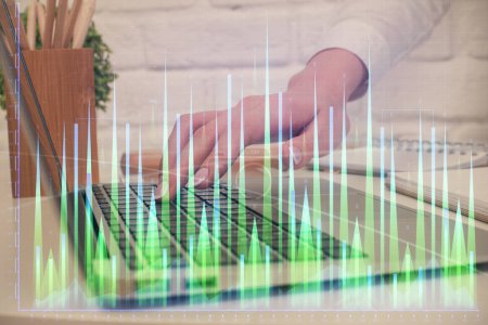 Photo for Multi exposure of woman hands typing on computer and forex chart hologram drawing. Stock market analysis concept. - Royalty Free Image