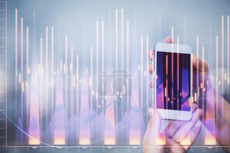 Photo for Double exposure of forex graph sketch hologram and woman holding and using a mobile device. Stock market concept. - Royalty Free Image