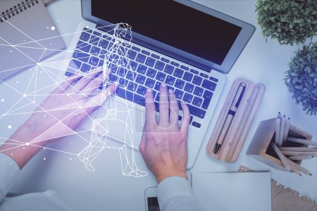 Photo for Double exposure of woman hands working on computer and creative hologram drawing. Top View. Start up concept. - Royalty Free Image
