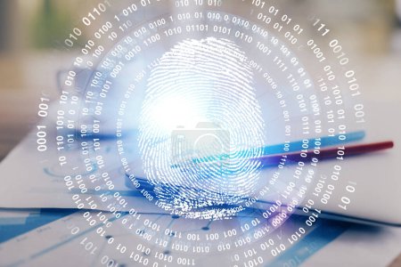 Photo for Computer on desktop in office with finger print drawing. Double exposure. Concept of business data security. - Royalty Free Image