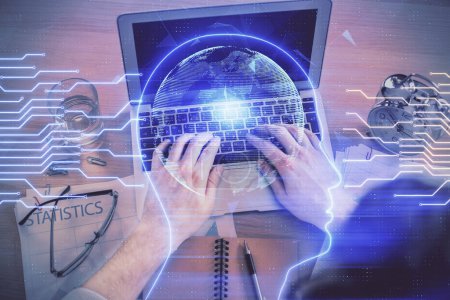 Photo for Double exposure of man's hands typing over computer keyboard and brain hologram drawing. Top view. Ai and data technology concept. - Royalty Free Image