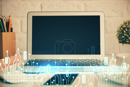 Photo for Double exposure of desktop with personal computer on background and tech theme drawing. Concept of Bigdata. - Royalty Free Image