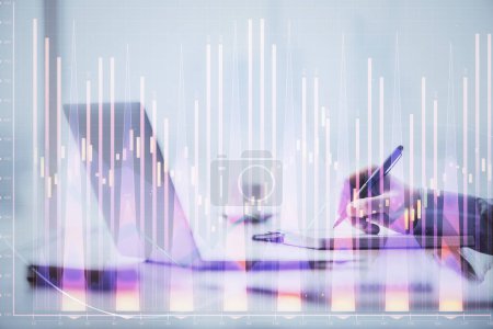 Photo for Multi exposure of forex chart with man working on computer on background. Concept of market analysis. - Royalty Free Image