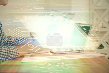 Photo for Double exposure of tech drawings with hands working on computer background. Concept of innovation. - Royalty Free Image