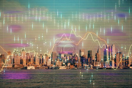 Photo for Forex chart on cityscape with skyscrapers wallpaper double exposure. Financial research concept. - Royalty Free Image