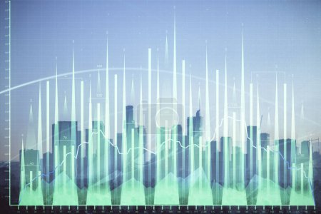 Foto de Gráfico de divisas en paisaje urbano con rascacielos fondo de pantalla doble exposición. Concepto de investigación financiera
. - Imagen libre de derechos