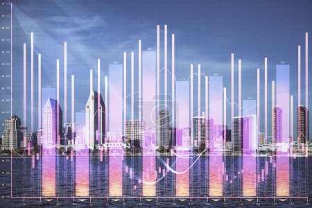 Photo for Forex chart on cityscape with skyscrapers wallpaper multi exposure. Financial research concept. - Royalty Free Image