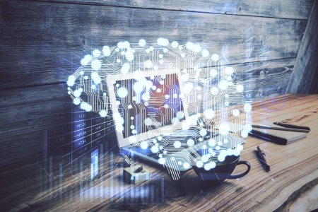 Foto de Doble exposición de la computadora de escritorio y el cerebro humano dibujo holograma. Concepto Ai
. - Imagen libre de derechos
