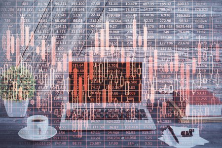 Photo for Double exposure of forex graph and work space with computer. Concept of international online trading. - Royalty Free Image