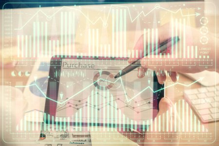 Photo for Double exposure of man's hands holding and using a phone and financial chart drawing. Market analysis concept. - Royalty Free Image