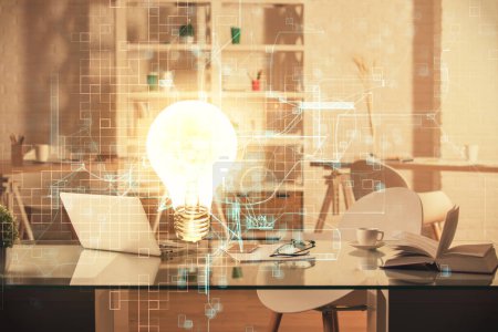 Photo for Double exposure of bulb and office interior background. Concept of idea. - Royalty Free Image