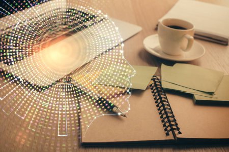 Photo for Double exposure of brain drawing and desktop with coffee and items on table background. Concept of research. - Royalty Free Image