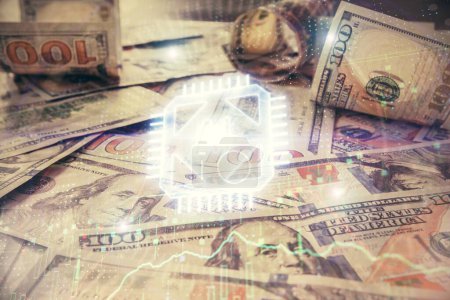 Photo for Double exposure of data theme drawing over us dollars bill background. Technology concept. - Royalty Free Image