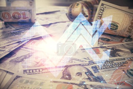 Photo for Double exposure of grow arrows drawing over usa dollars bill background. Concept of success. - Royalty Free Image