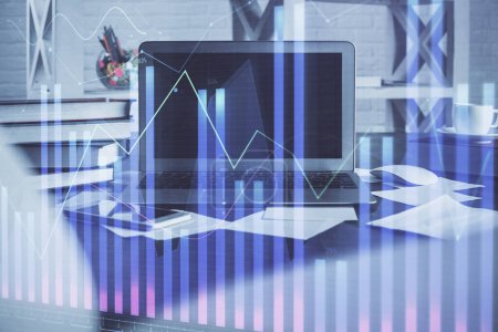 Photo for Forex market graph hologram and personal computer on background. Double exposure. Concept of investment. - Royalty Free Image