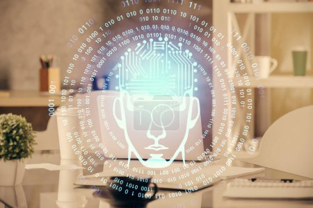 Photo for Double exposure of brain drawing and office interior background. Concept of data technology. - Royalty Free Image