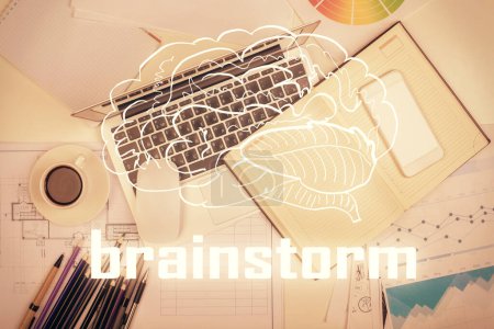 Photo for Start up theme drawing over computer on the desktop background. Top view. Double exposure. Brainstorm concept. - Royalty Free Image